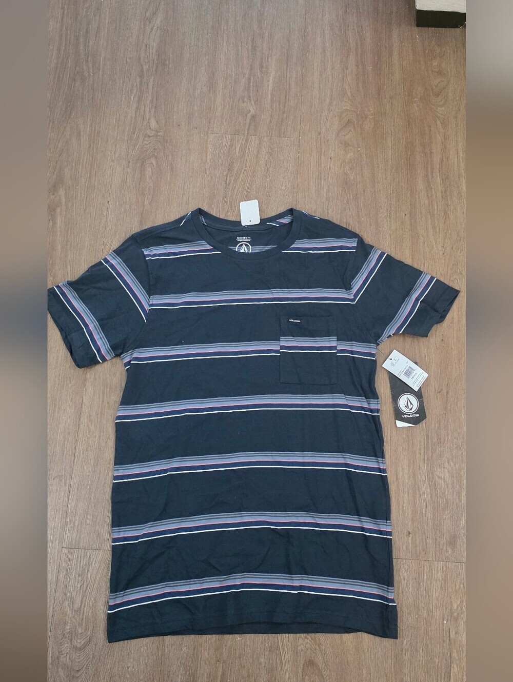 Volcom Men’s Navy Striped Pocket Tee - Navy with Pink & Gray Stripes